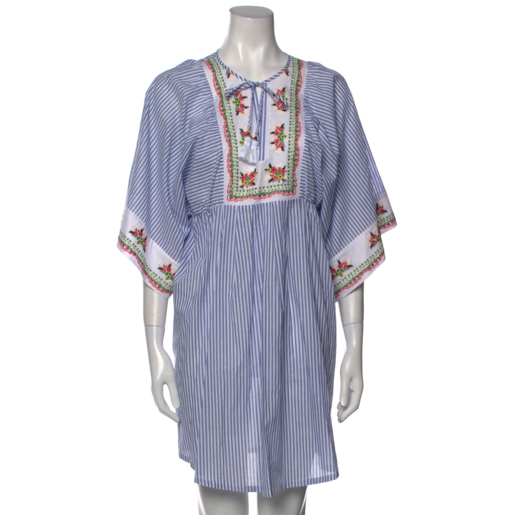 Tory Burch Floral Embroidered Blue White Striped Coverup Tassel Dress S Small